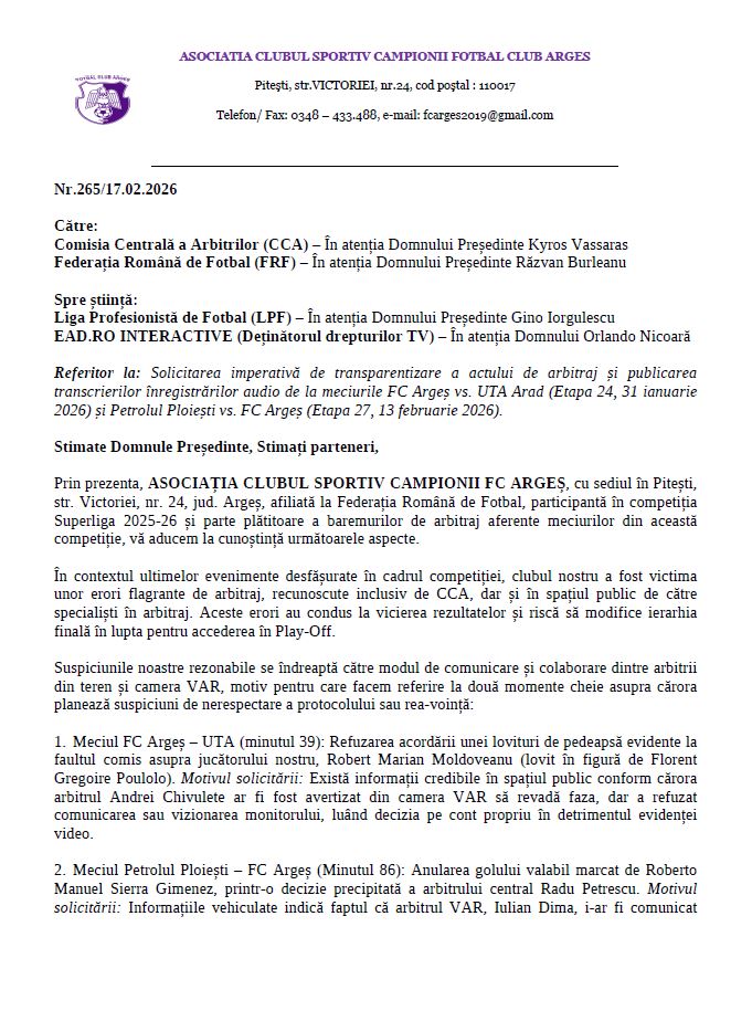 FC Argeș solicită CCA publicarea transcrierilor înregistrărilor audio pentru meciurile cu Petrolul și UTA